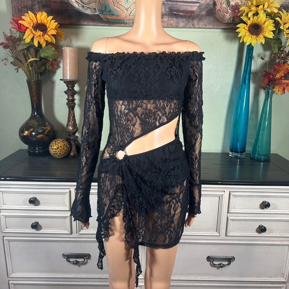 Black Lace Cutout Mini Dress Womens L Y2K Goth Fairy Grunge Festival Rave Party
